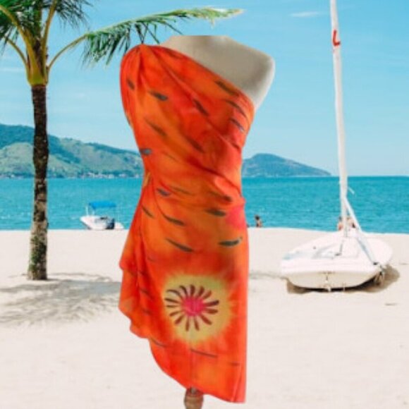 Gorgeous Hand Painted X Large Tropical Vibrant Orange Pareo Sarong - Picture 4 of 6